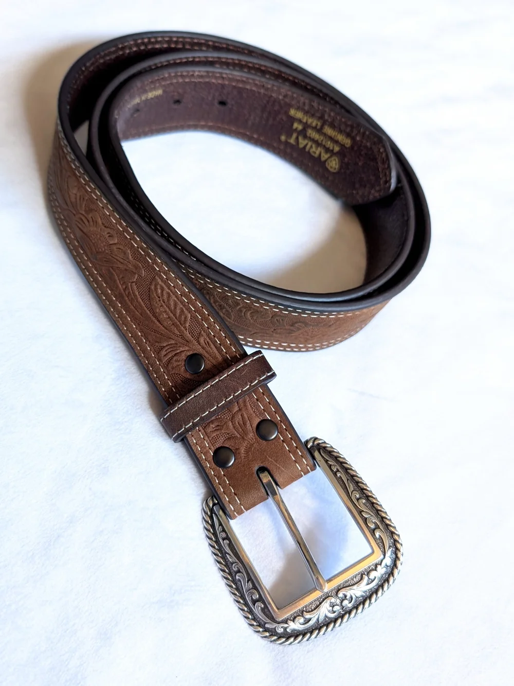 Mens Ariat Leather Floral Embossed Belt 2007 Silver Buckle Western Brown